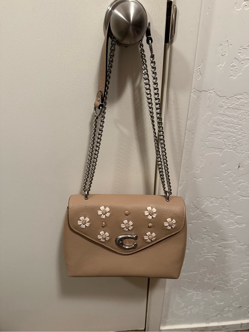 Coach Beige Floral Leather Shoulder Bag with Chain Strap